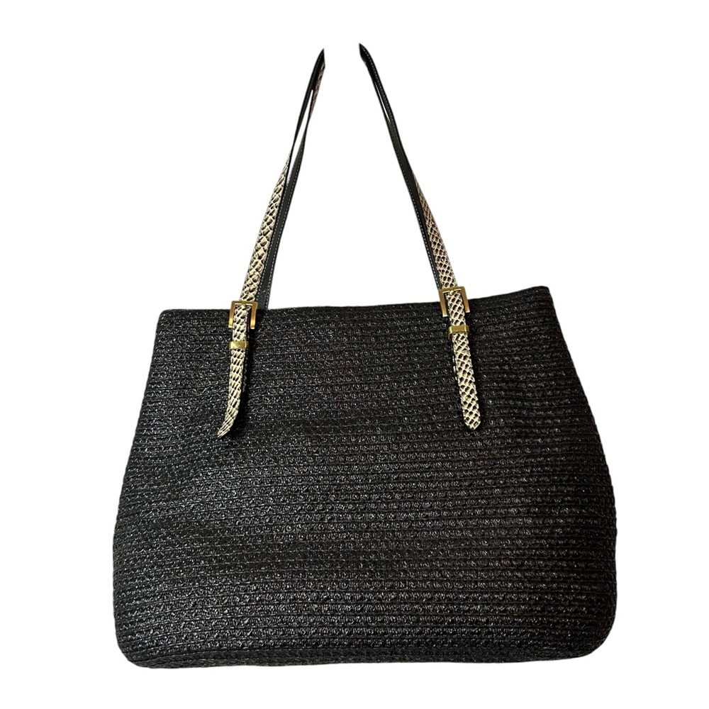 Eric Javitz women’s black straw tote bag with leather handles - Picture 2 of 7